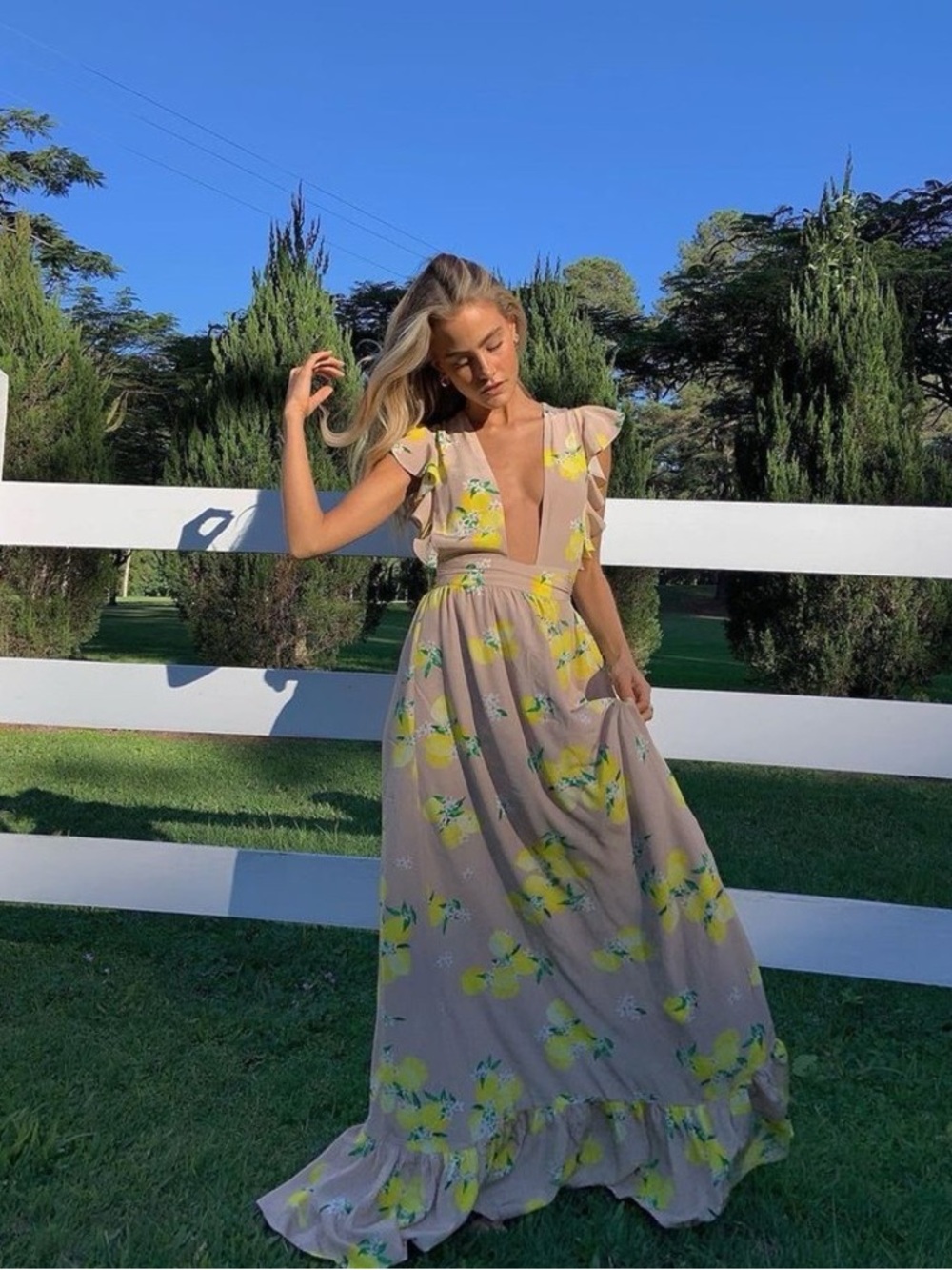 MAJORELLE Blush/Beige Maxi Dress with Fresh Lemons. Think Capri! M